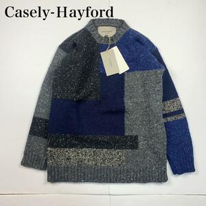 【定価62,000円】タグ付き ケイスリーヘイフォード casely-hayford ニット ウール グレー ブルー S メンズ アシンメトリー Uネックセーター