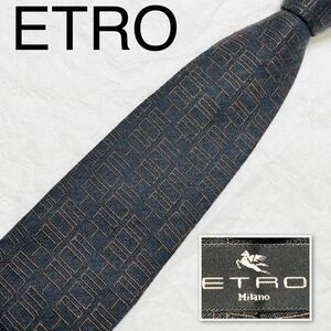 ■希少デザイン■希少素材シルク混ウール製■ETRO エトロ　ネクタイ　ロゴ総柄　イタリア製　ブラック×ブラウン