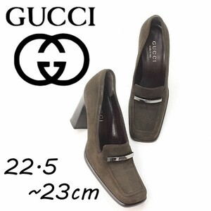 ◆GUCCI グッチ スエード スクエアトゥ チャンキーヒール パンプス チャコールブラウン 35 1/2