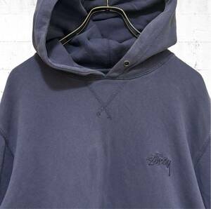 stussy ステューシー　後染め　ピグメントダイ　スウェット パーカー 刺繍ロゴ ショーンフォント ワンポイント ネイビー 紺色 M ストリート