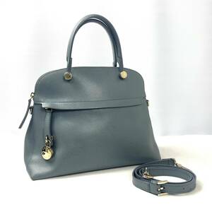 美品 FURLA フルラ PIPER パイパー ゴールド金具 ジップ 2WAY レザー ハンドバッグ ショルダーバッグ トートバッグ 鞄 青 イタリア製