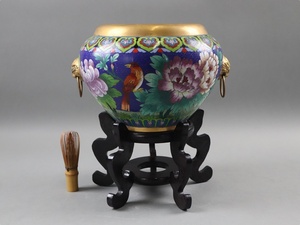 中国古玩 七宝 花鳥図遊環付鉢 台付 高30,8cm 壷 花瓶 細密細工 古美術品 [a1030]