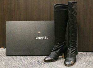 ⑫ 良品 シャネル ロングブーツ 35 サイズ ブラック ストレッチサテン レザー CCマーク CHANEL