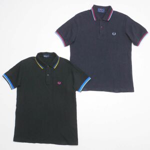 MF8144□フレッドペリー/FRED PERRY*2点セット*鹿の子*ローレル刺繍*半袖*ポロシャツ*ネイビー系+ブラック系*メンズ*size40/L