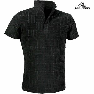 342442-90 ポロシャツ イタリアンカラー パイル素材 タオル地 スキッパー 半袖 襟ワイヤー ストレッチ メンズ(ブラック黒) シンプル M
