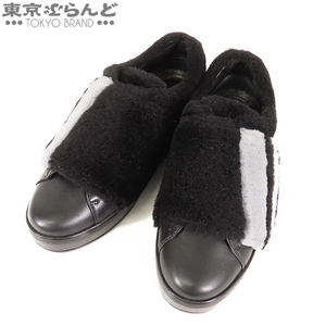 101680906 プラダ PRADA ファー スニーカー 1E778H ブラック シープスキン レザー ライン 38 1/2 スニーカー レディース