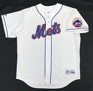 【90s】Majestic マジェスティク MLB ニューヨーク メッツ ベースボールシャツ メンズXL 白 青 オレンジ ヴィンテージ 半袖 ユニフォーム