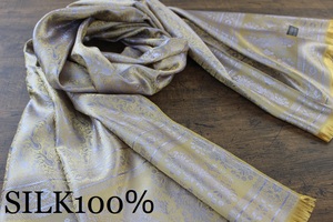 新品 薄手【シルク100% SILK】ペイズリー柄 ゴールド×シルバー 金×銀 GOLD×SILVER 大判 ストール/スカーフ