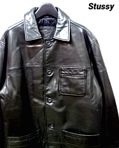 S 未使用【Stussy Leather Coat Jacket Black ステューシー レザージャケット コート 90