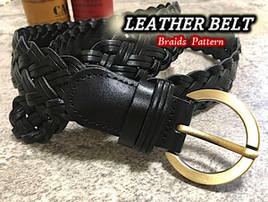 レザーベルト 編み込み 合金バックル カジュアルベルト メンズ レディース 黒