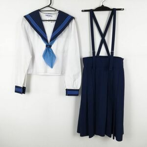 1円 セーラー服 スカート スカーフ 上下3点セット 大きいサイズ 中間服 青3本線 女子 学生服 高知南高校 白 制服 中古 ランクC NA0613