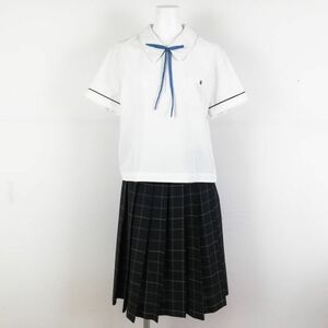 1円 ブラウス チェックスカート 上下3点セット L 大きいサイズ トンボ 夏物 女子 学生服 鹿児島武岡台高校 白 制服 中古 ランクC NA2497