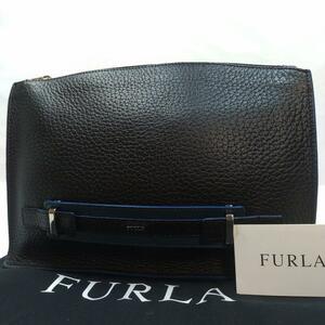 【極美品】フルラ FURLA ジョーヴェ GIOVE セカンドバッグ クラッチバッグ メンズ レザー 本革 シボ革 黒色 ブラック 青色 ブルー