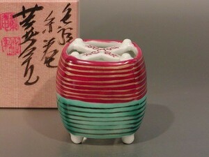 茶道具　蓋置　色絵　糸巻、京都　高野 昭阿弥作、共箱　新品。