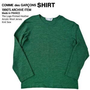 超稀少 90S COMME des GARCONS SHIRT コムデギャルソンシャツ フランス製 最高級胸ロゴプリント杢アクリルウール天竺ニットソー M 美品