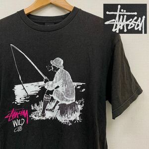 ◯ STUSSY ステューシー WILD CLUB 半袖 Tシャツ プリント 釣り メンズ ブラック Mサイズ ロゴ メキシコ製 原宿チャプト ヴィンテージ 古着