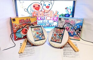 動作確認・清掃済み★太鼓の達人 PS2 専用コントローラー「タタコン」２台と「ソフト」2本まとめてセット ※人気J-POP・アニメ曲多数