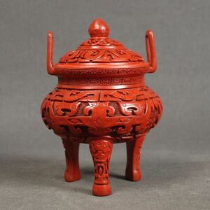 【金富士】古い堆朱三足香炉 本物保証　中国古玩骨董