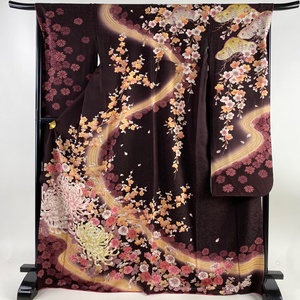 振袖 身丈170cm 裄丈68cm L 袷 菊 流水 金糸 ラメ箔 茶色 正絹 美品 名品 【中古】