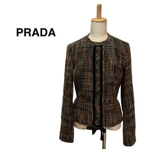 ☆プラダ PRADA ウール ツイード リボン ノーカラー ジャケット イタリア製 フォーマルジャケット