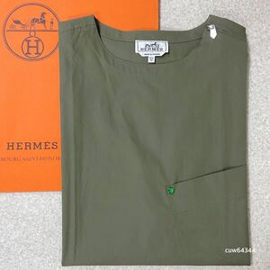 国内正規品 未使用 16 1/2 / 42（XL） Hermes エルメス ショルダージップ ポケット Tシャツ 半袖シャツ カーキ系 ブランドタグ ショッパー