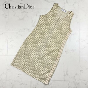 Christian Dior クリスチャンディオール トロッター サイドラインノースリーブフレアワンピース 裏地無し 膝丈 ベージュ サイズM*JC758
