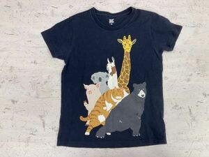 グラニフ Design Tshirts Store graniph かわいい 動物 アニマル柄プリント 半袖Tシャツ カットソー 男女兼用 小さいサイズ SS 紺