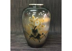 ★21.8cm【即決】夏目型花瓶　アルミ合金製　菊鳥絵柄　仏壇用１個