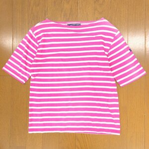 SAINT JAMES セントジェームス ロゴワッペン ストレッチ ボーダー カットソー XXS ピンク×ホワイト 五分袖 Tシャツ フランス製 女性用