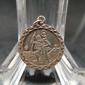 ヴィンテージ シルバー ペンダント コイン チャーム 彫金 銀 男性 子供 St Christopher 聖人 宗教 メダル ⑤ T9