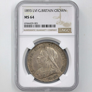 1893 英国 ヴィクトリア ヴェールヘッド 1クラウン 銀貨 NGC MS 64 未使用～完全未使用品