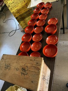 FJ0616 【流】時代漆器 朱塗 図替蒔絵菓子椀十客 箱付