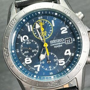 SEIKO セイコー クロノグラフ SND379R 腕時計 クオーツ アナログ カレンダー ネイビー ステンレススチール レザーベルト 新品電池交換済み