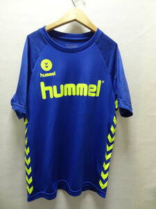 全国送料無料 ヒュンメル hummel メンズ ポリエステル100％ 半袖 青色 肩プリント入り サッカーフットサルスポーツゲームTシャツ M