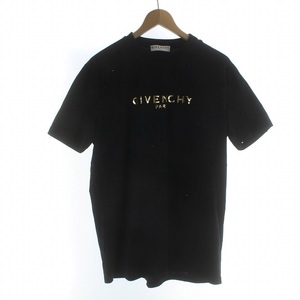 ジバンシィ GIVENCHY 20SS Tシャツ カットソー ゴールドカラー ロゴ 半袖 ダメージ加工 クルーネック XS 黒 ブラック BW700D3Z3F