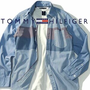 【Tommy Hilfiger】大人カジュアルの爽やか魅せに◎!! トミーヒルフィガー パネル切り替え 長袖ストライプシャツ ボタンダウンシャツ 