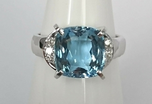 ★K&Yジュエリー工房★新品　鑑別書付き　リング　天然アクアマリン4.15ct.(ブラジル産) ダイヤ　Pt900 ★