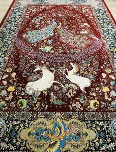 白馬孔雀の図　最高峰約144万ノット　ウール100%　イラン産手織り 高級ペルシャ絨毯 201×305cm　