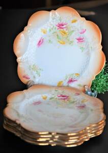 イギリス　アンティーク　アールヌーヴォー　エインズレイ　ポピー柄　花型プレート　6名様セット　6枚　飾り皿