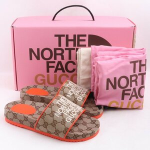 未使用 24cm GUCCI × THE NORTH FACE GG柄 キャンバス スライド サンダル ベージュ オレンジ 679947 グッチ ノースフェイス SLIDE SANDALS