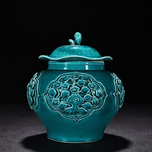 元孔雀緑釉 貼塑 花卉文荷葉罐 唐物 陶磁器 中国美術 工芸品 HB840
