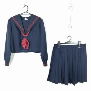 1円 セーラー服 スカート スカーフ 上下3点セット 大きいサイズ 冬物 赤3本線 女子 学生服 中学 高校 紺 制服 中古 ランクC NA1356