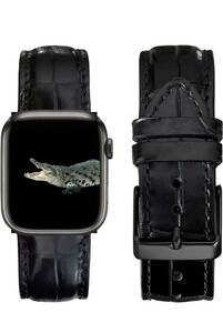 クロコダイル本革　ワニ革　時計ベルトApple Watch アップルウォッチ バンド 全シリーズ対応　42/44/45/49mm対応　本革レザー ブラック　黒