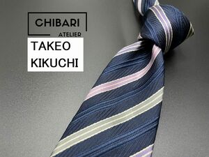 【美品】TAKEOKIKUCHI　タケオキクチ　レジメンタル柄　ネクタイ　3本以上送料無料　ネイビー　0503002
