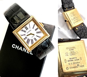 良品　希少　CHANEL シャネル　マドモアゼル　K18 YG　金無垢　時計　アリゲーター ベルト　ホワイトローマン　純正　冊子　黒　レア