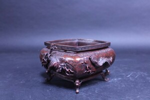 銅製　朱銅色　龍地紋水盤　砂鉢