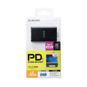 USB AC充電器 最大出力45W USB PD対応 Qualcomm Quick Charge 3.0規格認証済みのUSB Type-Cポート搭載: ACDC-PD1645BK