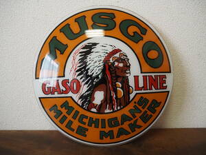 アンティーク【MUSGO GASOLINE ガソリンスタンド】ヴィンテージ雑貨プラスチック円形看板USA 直径34cm ガスポンプ 