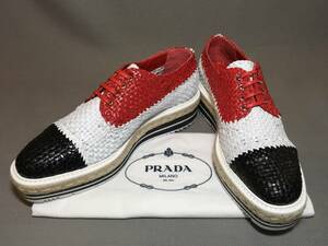 新品 プラダ エスパドリーユ レザー ドレス シューズ 40 PRADA 本革 革靴 赤 白 黒 短靴 パンプス