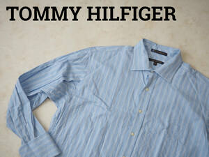 ☆送料無料☆ TOMMY HILFIGER トミーヒルフィガー USA直輸入 古着 長袖 ストライプ フレンチカフス ダブルカフス シャツ メンズ L ブルー